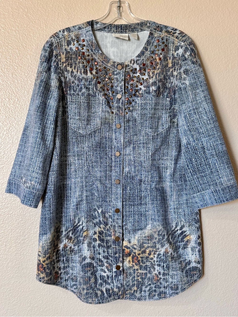 Chico’s Faux Denim Leopard Print Beaded Studded Shirt Tunic Jacket Size 1